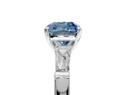 3 Stone Engagement Ring Setting for Fancy Blue Cushion Cut Center with Tapered Baguettes, Plain Band and Prong Head in Sterling Silver