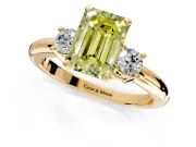 3 Stone Engagement Ring Setting for Fancy Yellow Emerald Cut Center with Wide Plain Band and Prong Head in Yellow Gold