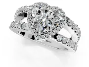 Halo Engagement Ring Setting for Heart-Shaped Center with Wide-Open Pave Split Shank and Prong Head in White Gold