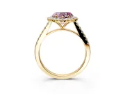 Halo Engagement Ring Setting for Fancy Pink Heart-Shaped Center with Narrowing Pave Band and Prong Head in Yellow Gold