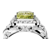 Halo Engagement Ring Setting for Fancy Yellow Princess Cut Center with Open Scroll Shoulders and Prong Head in Platinum