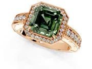 Milgrain Halo Engagement Ring Setting for Fancy Green Asscher Cut Center with Pave Band and Prong Head in Rose Gold