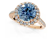 Halo Engagement Ring Setting for Fancy Blue Round Cut Center with Narrowing Pave Band and Prong Head in Rose Gold