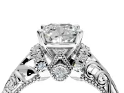 Solitaire Engagement Ring Setting for Cushion Cut Center with Filigree Accent Basket and Prong Head in Platinum