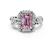 Halo Engagement Ring Setting for Fancy Pink Emerald Cut Center with Open Scroll Shoulders and Prong Head in Platinum