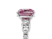 3 Stone Engagement Ring Setting for Fancy Pink Asscher Cut Center with Round Cut Side Accents and Prong Head in Platinum