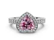 Milgrain Halo Engagement Ring Setting for Fancy Pink Heart-Shaped Center with Wide Pave Band and Prong Head in Sterling Silver