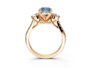 3 Stone Engagement Ring Setting for Fancy Blue Cushion Cut Center with Crossover Basket, Pave Band and Prong Head in Rose Gold