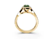 Halo Engagement Ring Setting for Fancy Green Emerald Cut Center with Narrow Pave Split Shank and Prong Head in Yellow Gold