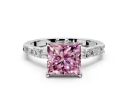 Baguette Engagement Ring Setting for Fancy Pink Princess Cut Center with Alternating Bar-Set Band and Prong Head in White Gold