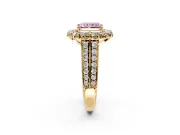Large Accent Halo Engagement Ring Setting for Fancy Pink Radiant Cut Center with Pave Split Shank and Prong Head in Yellow Gold