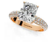 Solitaire Engagement Ring Setting for Radiant Cut Center with Domed Multi-Row Pave Band and Prong Head in Rose Gold