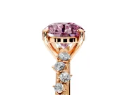 Solitaire Engagement Ring Setting for Fancy Pink Round Cut Center with Trailing Leaf Accent Band and Prong Head in Rose Gold