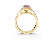 Halo Engagement Ring Setting for Fancy Pink Emerald Cut Center with Narrow Pave Split Shank and Prong Head in Yellow Gold