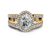Halo Engagement Ring Setting for Oval Center with Wide-Open Pave Split Shank and Prong Head in Yellow Gold
