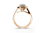 Halo Engagement Ring Setting for Emerald Cut Center with Outer Bezel Rim, Pave Band and Prong Head in Rose Gold