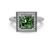 Milgrain Halo Engagement Ring Setting for Fancy Green Princess Cut Center with Three-Sided Pave Band and Prong Head in Platinum
