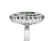 Halo Engagement Ring Setting for Fancy Green Emerald Cut Center with Milgrain Bezel Rim, Plain Band and Prong Head in White Gold