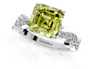 Solitaire Engagement Ring Setting for Fancy Yellow Asscher Cut Center with Bar-Station Pave Twist and Prong Head in White Gold