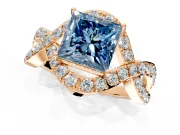 Halo Engagement Ring Setting for Fancy Blue Princess Cut Center with Pave Infinity Twist Band and Prong Head in Rose Gold
