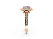 Halo Engagement Ring Setting for Fancy Pink Emerald Cut Center with Outer Bezel Rim, Pave Band and Prong Head in Rose Gold