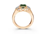 3 Stone Engagement Ring Setting for Fancy Green Asscher Cut Center with Raised Basket Heads and Prong Head in Rose Gold