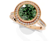 Halo Engagement Ring Setting for Fancy Green Round Cut Center with Milgrain Frame, Pave Band and Prong Head in Rose Gold