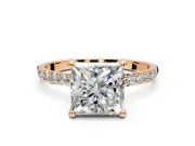 Solitaire Engagement Ring Setting for Princess Cut Center with Pave Accents and Prong Head in Rose Gold