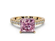 Solitaire Engagement Ring Setting for Fancy Pink Princess Cut Center with Crossover Accents and Prong Head in Yellow Gold