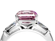 3 Stone Engagement Ring Setting for Fancy Pink Asscher Cut Center with Tapered Baguettes, Plain Band and Prong Head in White Gold