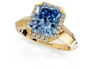 Halo Engagement Ring Setting for Fancy Blue Radiant Cut Center with Knife Ridge Cathedral Band and Prong Head in Yellow Gold