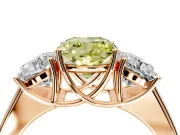 3 Stone Engagement Ring Setting for Fancy Yellow Cushion Cut Center with Raised Basket Heads and Prong Head in Rose Gold