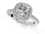 Halo Engagement Ring Setting for Cushion Cut Center with Inner Milgrain Border and Prong Head in Platinum
