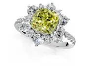 Floral Halo Engagement Ring Setting for Fancy Yellow Cushion Cut Center with Pave Accents and Prong Head in Platinum