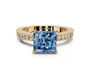 Solitaire Engagement Ring Setting for Fancy Blue Princess Cut Center with Milgrain-Edged Pave Band and Prong Head in Yellow Gold