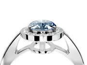Bezel-Framed Halo Engagement Ring Setting for Fancy Blue Oval Center with Pave Band and Prong Head in Platinum