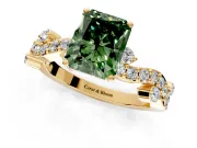 Solitaire Engagement Ring Setting for Fancy Green Radiant Cut Center with Bar-Station Pave Twist and Prong Head in Yellow Gold