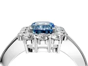 Halo Engagement Ring Setting for Fancy Blue Emerald Cut Center with Milgrain Channel Band and Prong Head in Sterling Silver