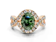 Halo Engagement Ring Setting for Fancy Green Oval Center with Pave Infinity Twist Band and Prong Head in Rose Gold