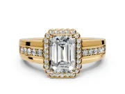 Halo Engagement Ring Setting for Emerald Cut Center with Wide Band, Inlaid Accent Row and Prong Head in Yellow Gold
