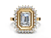 Halo Engagement Ring Setting for Emerald Cut Center with Milgrain Bezel Rim, Plain Band and Prong Head in Yellow Gold
