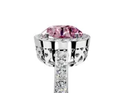 Halo Engagement Ring Setting for Fancy Pink Round Cut Center with Heart-Shaped Openwork, Pave Band and Prong Head in White Gold