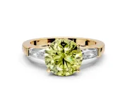 3 Stone Engagement Ring Setting for Fancy Yellow Round Cut Center with Tapered Baguettes, Plain Band and Prong Head in Yellow Gold