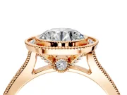 Halo Engagement Ring Setting for Round Cut Center with Milgrain Pave Band and Bezel Head in Rose Gold