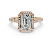 Halo Engagement Ring Setting for Emerald Cut Center with Pave Accents, Heart Basket and Prong Head in Rose Gold