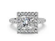 Pave Halo Engagement Ring Setting for Princess Cut Center with Single Row Pave Band and Prong Head in Platinum