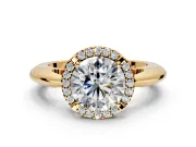 Halo Engagement Ring Setting for Round Cut Center with Tapered Plain Band and Prong Head in Yellow Gold