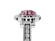 Halo Engagement Ring Setting for Fancy Pink Round Cut Center with Outer Bezel Rim, Pave Band and Prong Head in White Gold