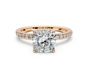 Solitaire Engagement Ring Setting for Cushion Cut Center with Fine Pave Band and Prong Head in Rose Gold