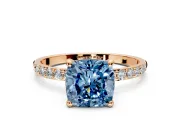 Solitaire Engagement Ring Setting for Fancy Blue Cushion Cut Center with Pave Accents and Prong Head in Rose Gold